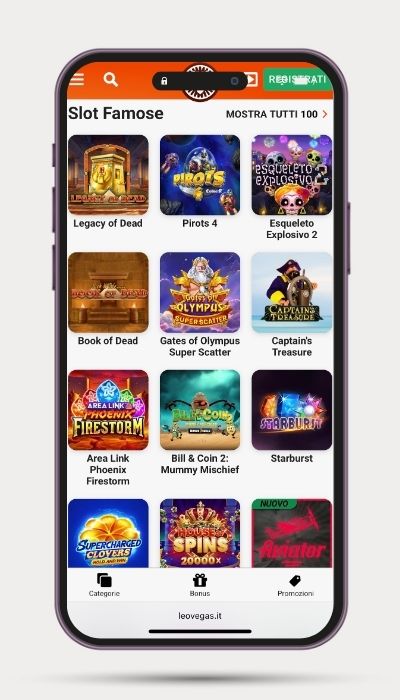 Screenshot menu slot LeoVegas da smartphone - interfaccia app mobile 2025